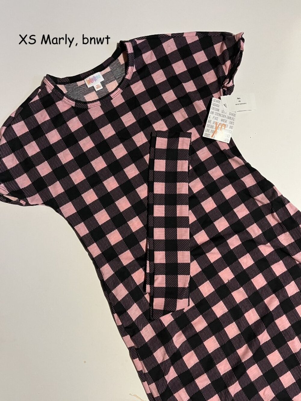 XS Lularoe Marly dress with tie belt, pink and black buffalo plaid